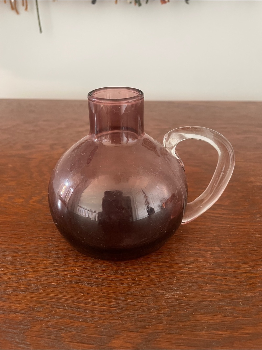 Small Round Amethyst Glass Pitcher with Clear Handle